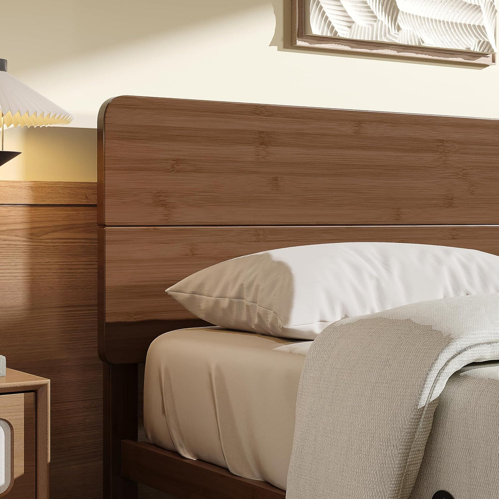 14" Solid Bamboo Wood Queen Bed Frames with Headboard, Brown