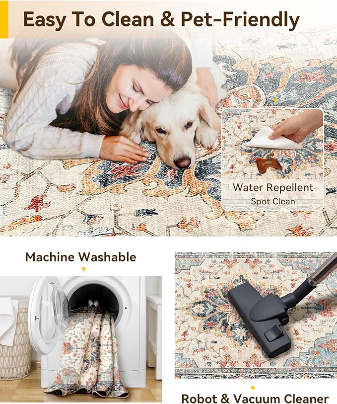 Area Rugs 10'x14' Washable Non-Slip, Floral Vintage Distress Print Pattern - Image 6
