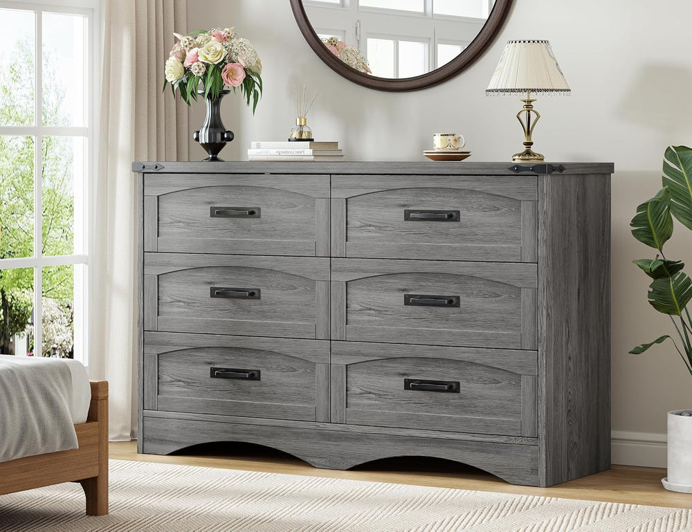 Decofy 47" Farmhouse 6-Drawer Dresser for Bedroom, Grey