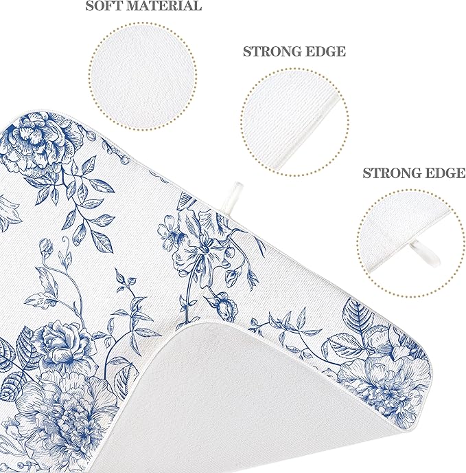 Chinoiserie Floral Dish Drying Mat 18 x 24 inch Vintage Blue Flower Decorative - Image 3