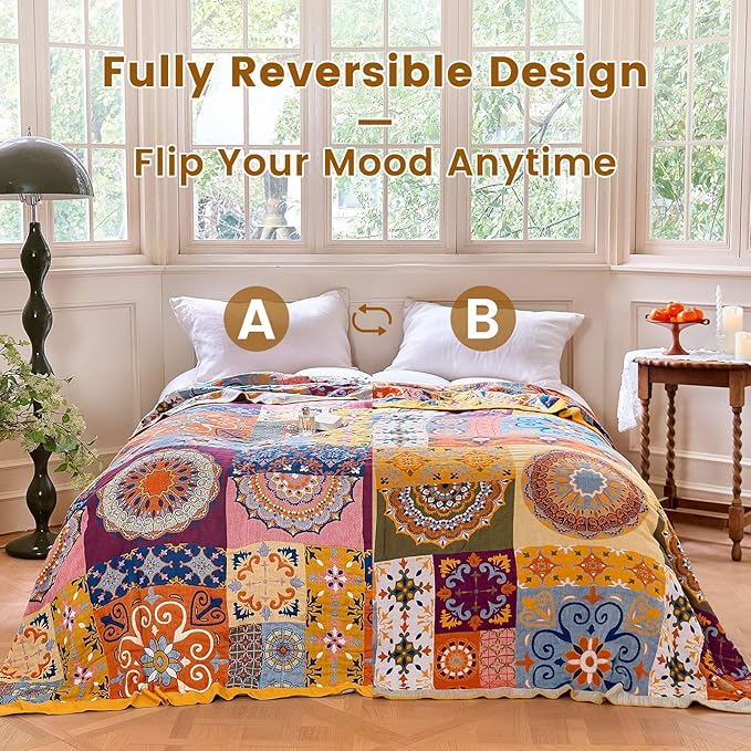MSGKV Boho Throw Blanket for Bed 90"x90" 100% Cotton Blanket Spring Breathable - Image 4