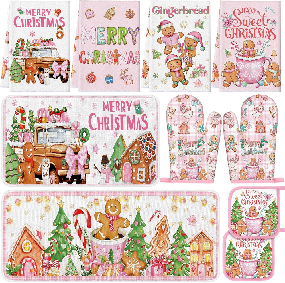 Fanfanwin 10 Pcs Winter Oven Mitts Pot Holders Kitchen Rug and Towel Set