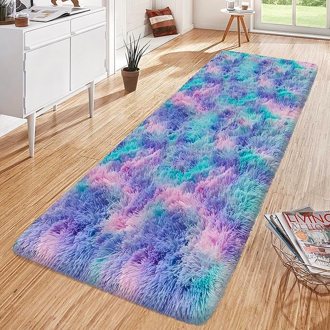 Super Soft Fluffy Living Room Area Rug 2x6 ft Purple Rainbow Tie-Dyed Shaggy - Image 4