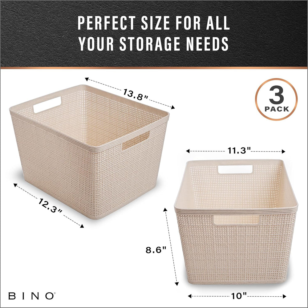 BINO Woven Plastic Basket | Large (Natural), 3-Pack | THE JUTE COLLECTION | H...
