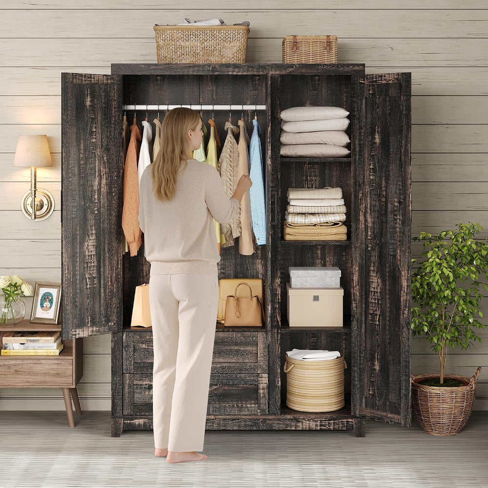 AMERLIFE Farmhouse 3 Door Wardrobe Closet with 2 Drawers & Hanging Rod