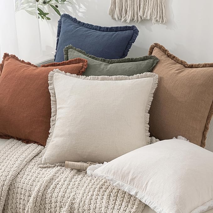 MIULEE Decorative Throw Pillow Covers Neutral Linen Fringe Throw Pillows Euro - Image 6