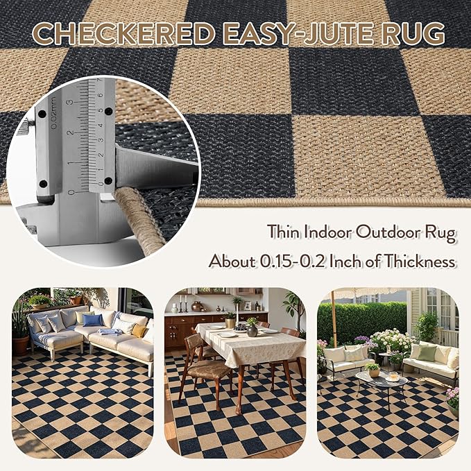 Lahome Colette Checkered Easy Jute Carpet, Washable Area Rug 6x9 Neutral - Image 4
