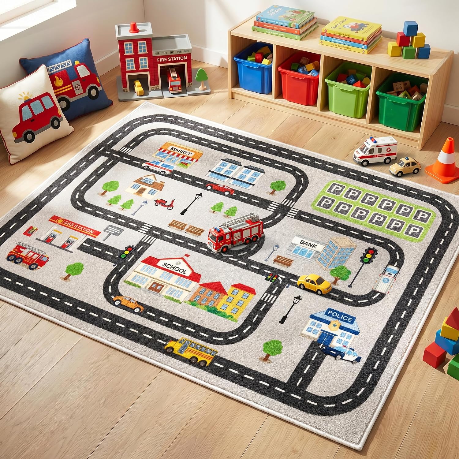 5'x7' Car Rug Play Mat for Kids Toy Cars, Faux Wool Road Rug Car Track Playmat Educational City Map Washable Carpet for Boy Playroom Bedroom, Non Slip Kids Area Rug for Children