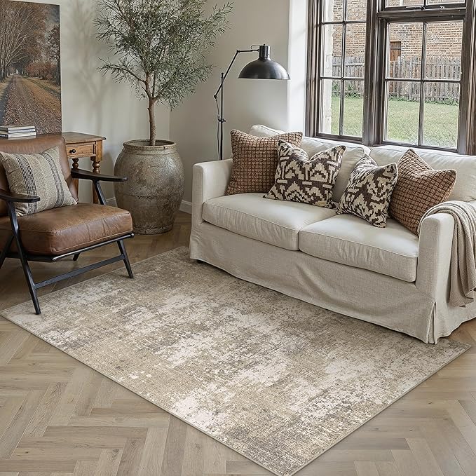 Beige Area Rug 4x6 Machine Washable Modern Abstract Office Carpet Neutral Non - Image 2