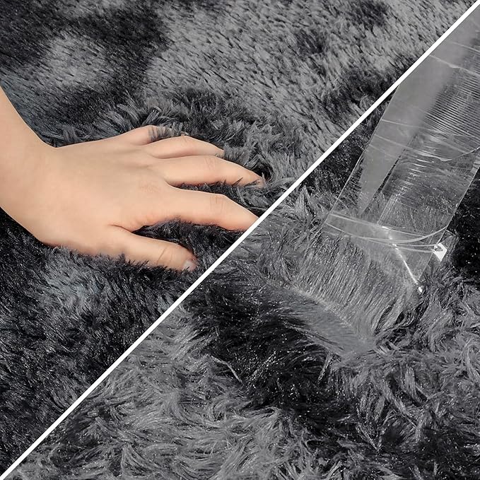Tie-Dyed Runner Rug for Bedroom Black Grey 2x10ft Fluffy Area Rug Bedside - Image 6