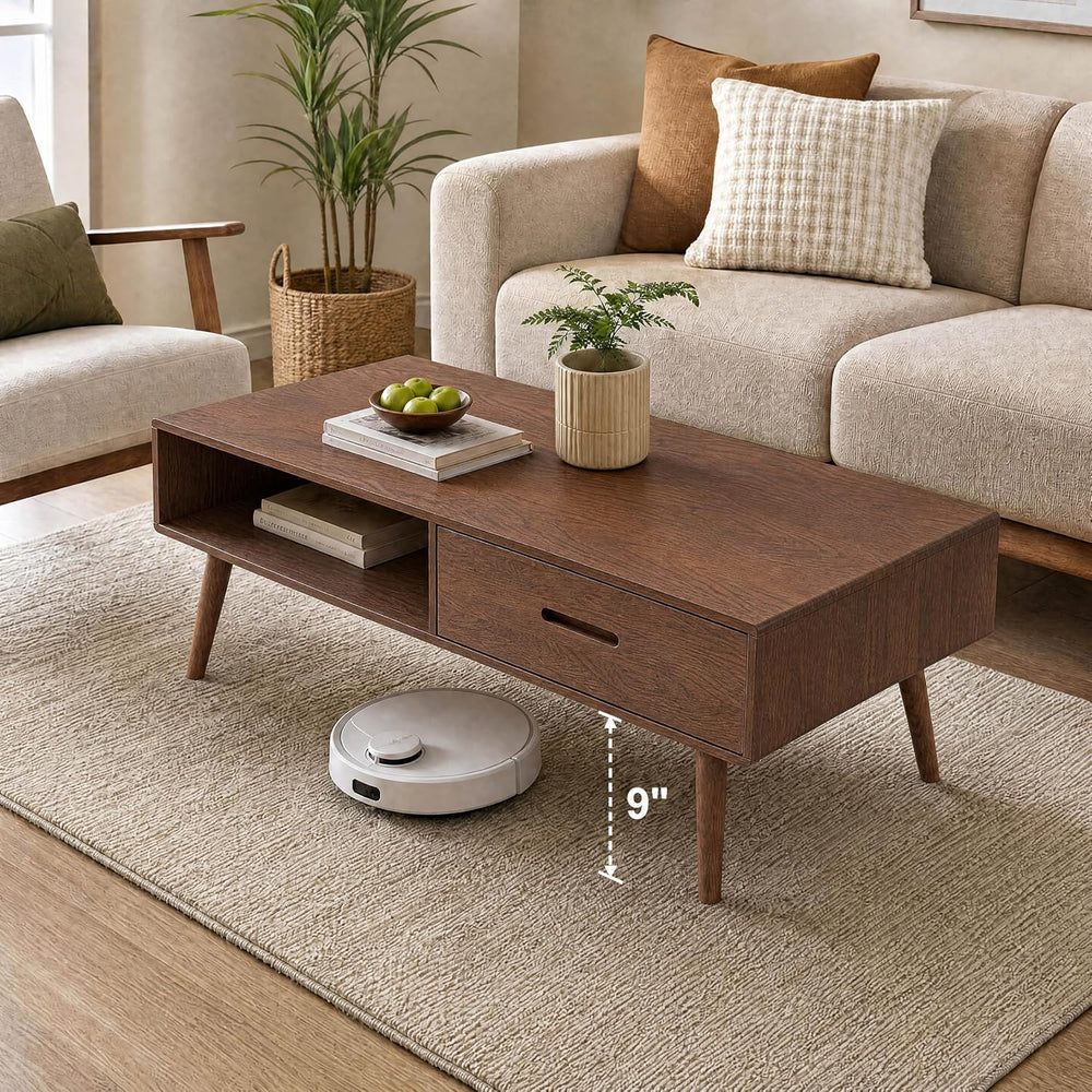 100% Oak Wood Coffee Table, Mid Century Modern Living Room Table