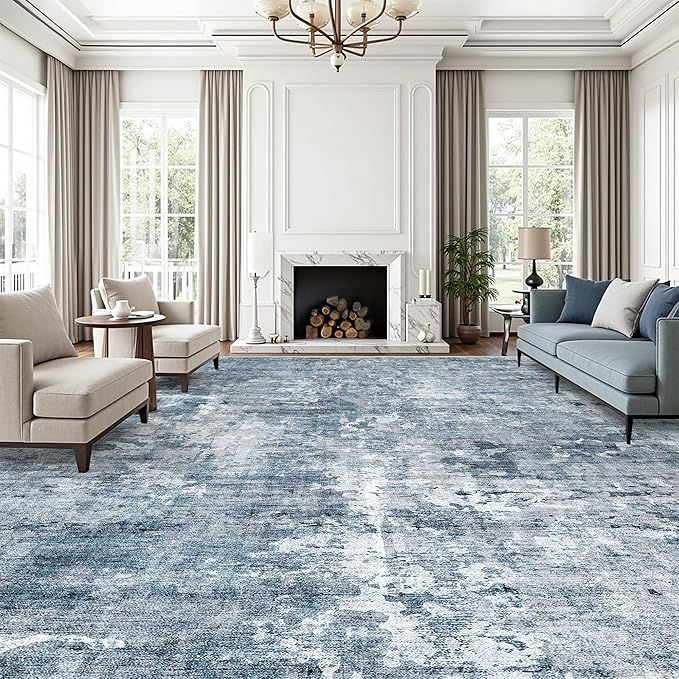 12x15 Washable Area Rug Blue/Grey Neutral Abstract Living Room Large Carpet Non by Soalmost