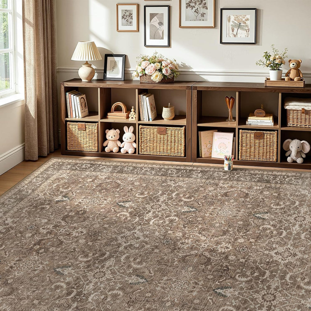 Washable Area Rug 8'x10' Living Room, Vintage Farmhouse, Light Brown