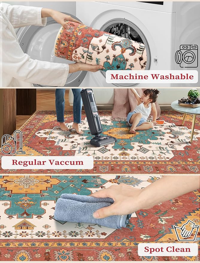 SERISSA Boho Washable Runner Rug, 2x5 Rug Non-Slip Vintage Orange Hallway - Image 2