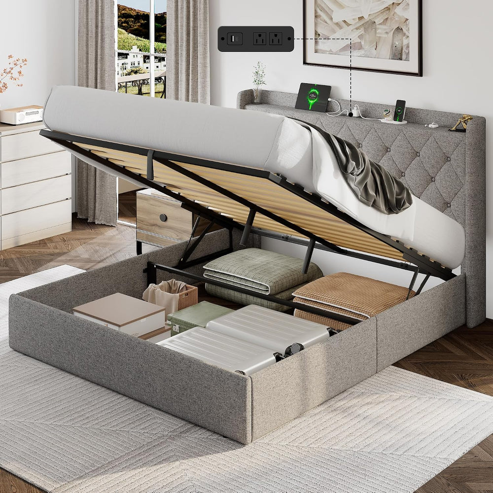 Einhomn Full Size Lift Up Storage Bed Frame with Charging Station, Upholstere...