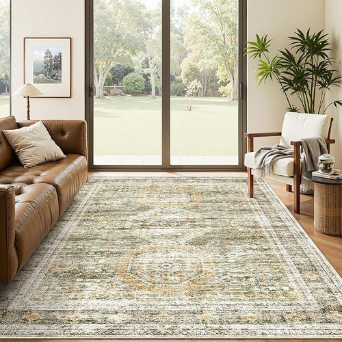 5x7 Area Rugs Green Orange Low Pile Indoor Washable Trendy Faded Style Rugs by Soalmost