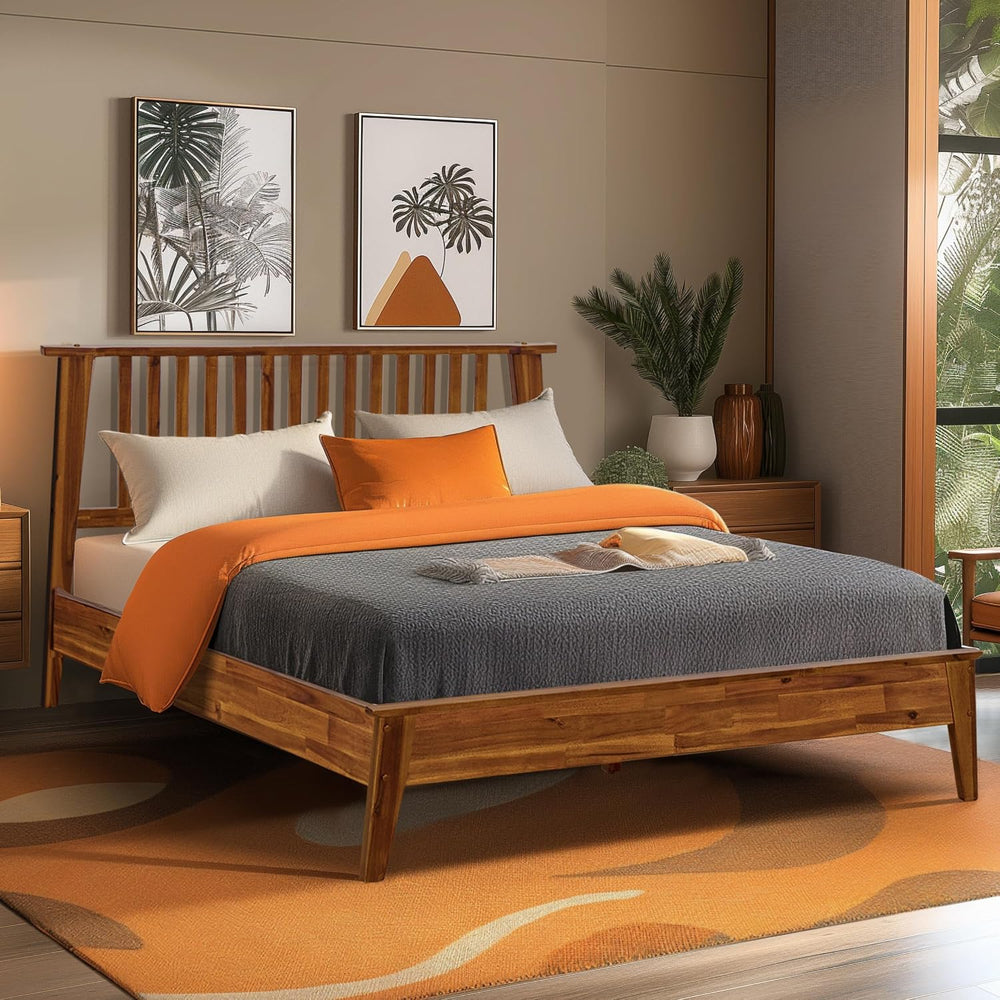 Acacia Kaylin Bed Frame with Headboard Solid Wood Platform Bed, King Bed Fram...
