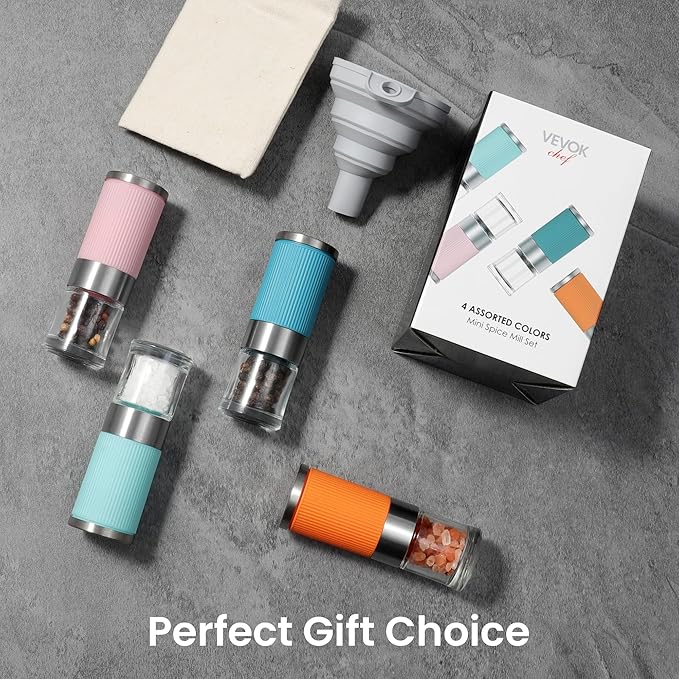 VEVOK CHEF Small Salt and Pepper Grinder 4Pcs Portable Mini Glass Salt Spices - Image 7