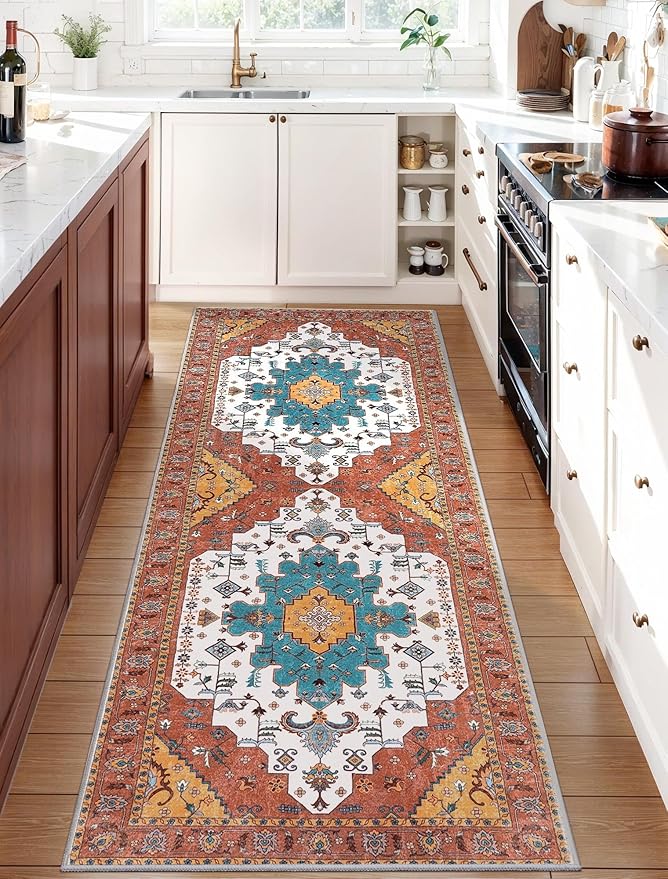 SERISSA Boho Washable Runner Rug, 2x6 Rug Non-Slip Vintage Orange Hallway by SERISSAHomeDecorCollection