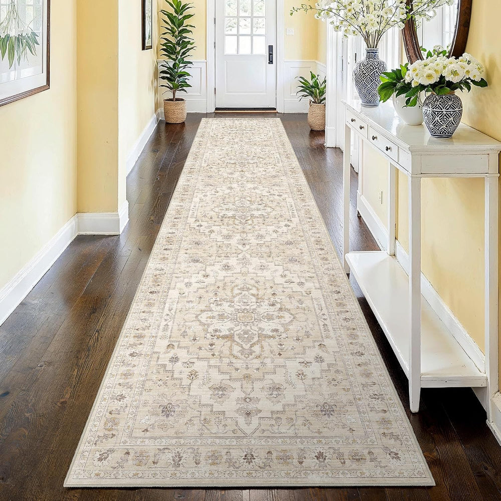 2'6''x12 Washable Runner Rug: Vintage Floral Low Pile Hallway Rug...