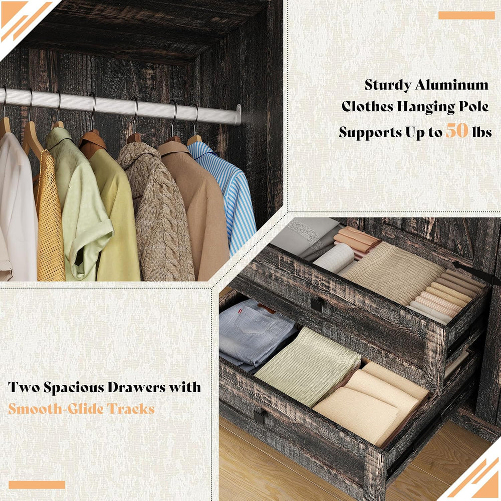 AMERLIFE Farmhouse 3 Door Wardrobe Closet with 2 Drawers & Hanging Rod