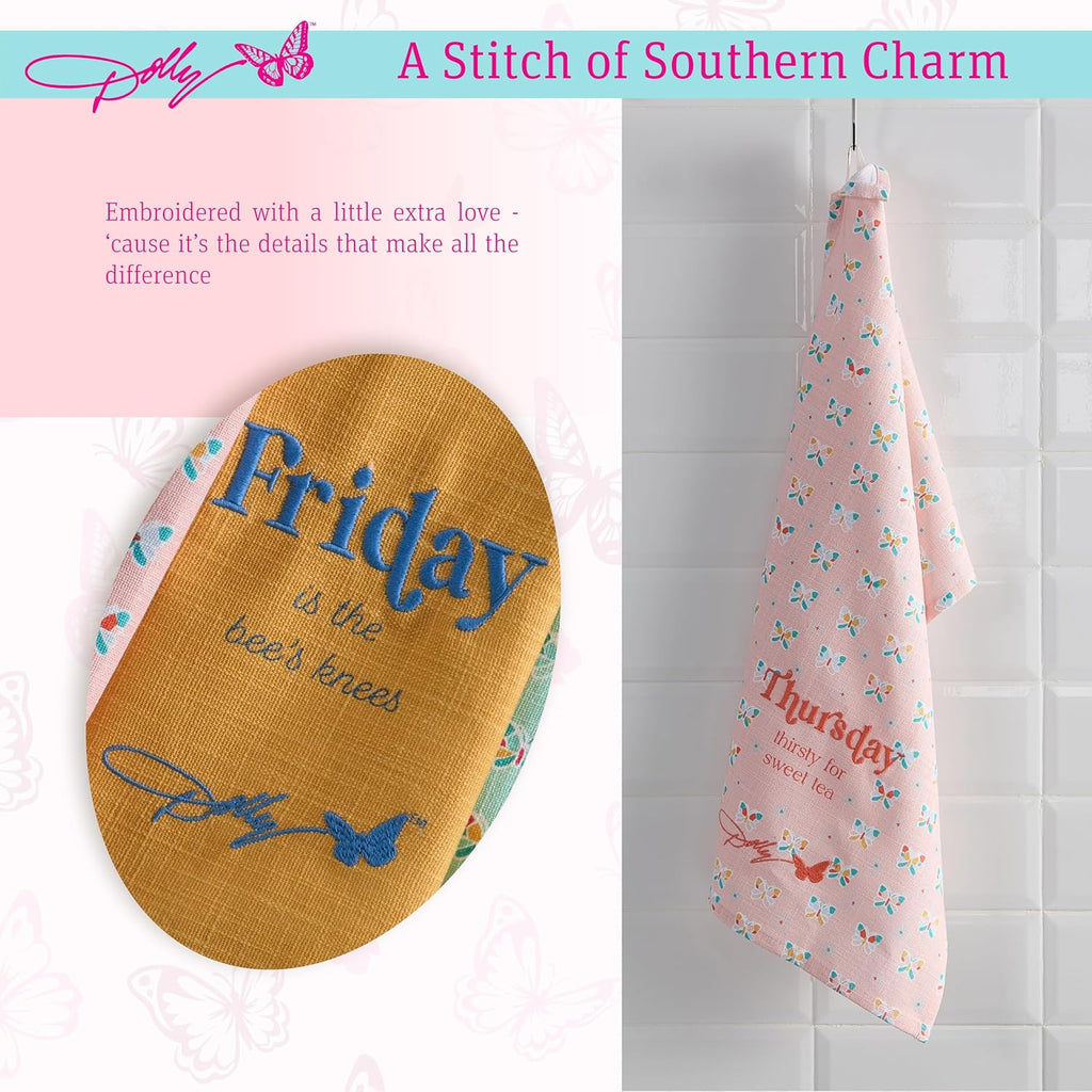 Dolly Parton Days of the Week Kitchen Towel Set - 100% Cotton Soft Durable Dishtowel Décor with Dolly Signature Embroidery, Cute Phrases, and Butterflies for Everyday Use - Butterfly Multi Colored 6pk