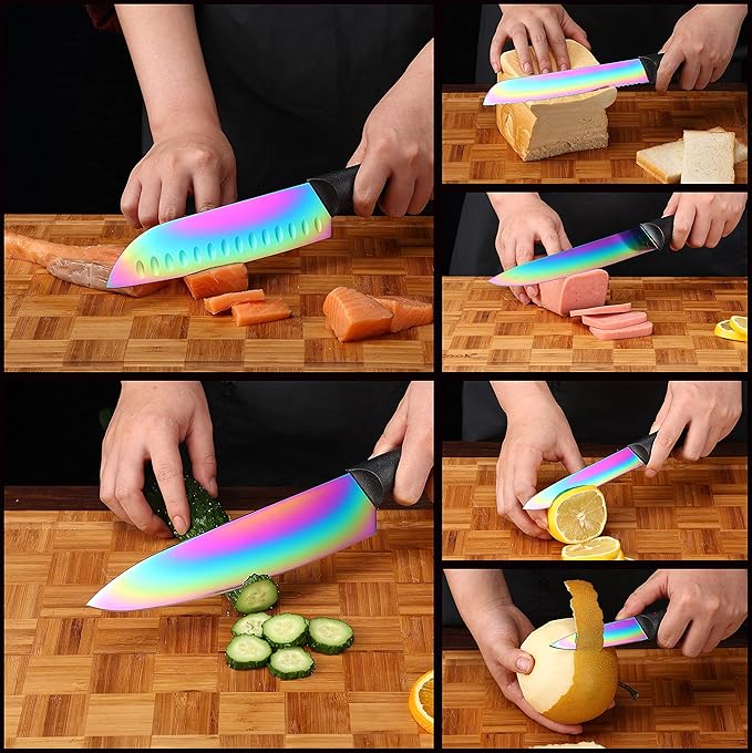 Marco Almond Kitchen Knife Set, KYA36 12-Piece Rainbow Color Stainless Steel - Image 6