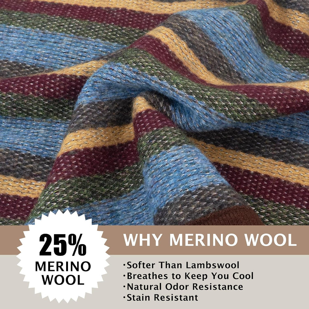 PuTian Merino Wool Blanket, 87" x 63", Retro Multicolor Stripes