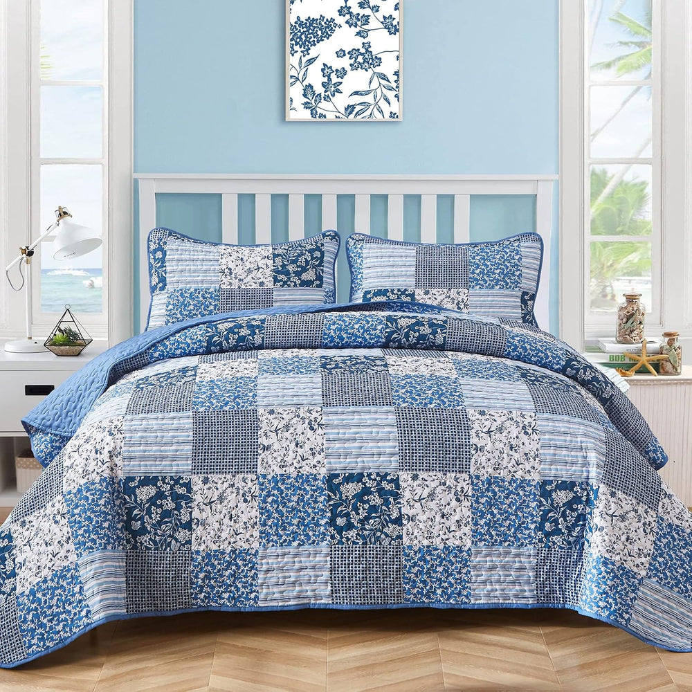 Mybedsoul Boho Quilts Queen Size, Patchwork Floral Bedding Set, Blue