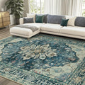Area Rugs 8'x10' Washable Non-Slip, Floral Vintage Distress Print Pattern by RELEANY