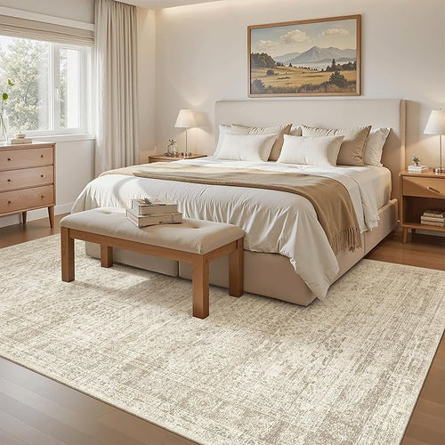 5x8 Area Rugs Beige Low Pile Indoor Washable Trendy Faded Style Rugs - Image 2