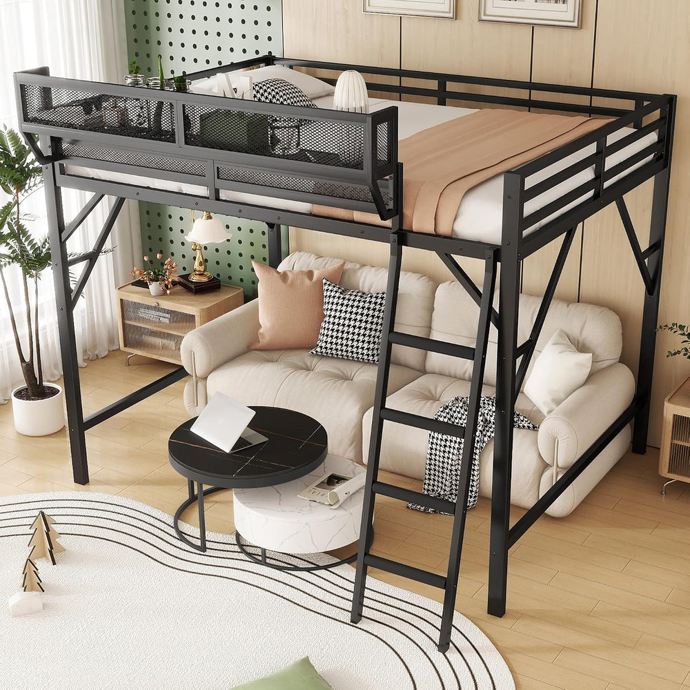 Full Size Metal Loft Bed Frame with Ladder and Built-in Storage Shelves, for ...