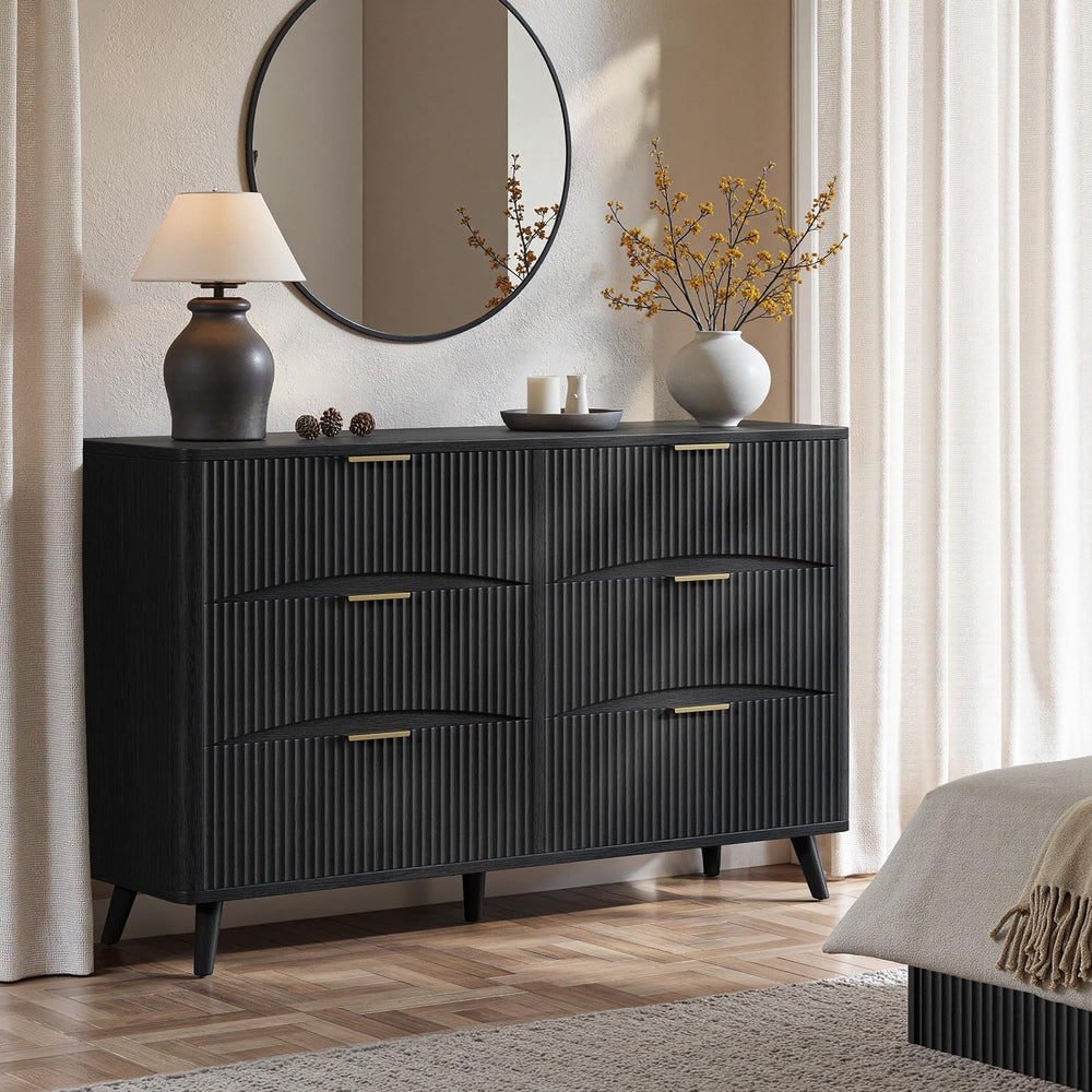 Evermagin 54 Inch Black 6 Drawer Dresser, Curved Fluted Chest of Drawers