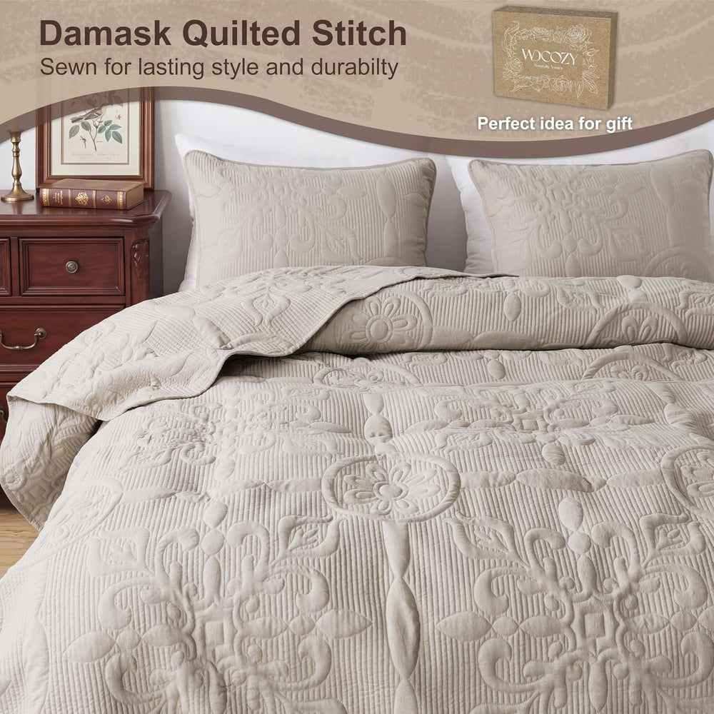 B2EVER Boho Damask Soft Quilt Bedding Set, Cal King Size, Beige Color