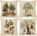 Whimsical Forest Animal Kids Pillow Cover 18x18 Double-Sided Set of 4, Boho Cottagecore Tree Mushroom Throw Pillow Cover Case for Nursery Kids Bedroom Playroom