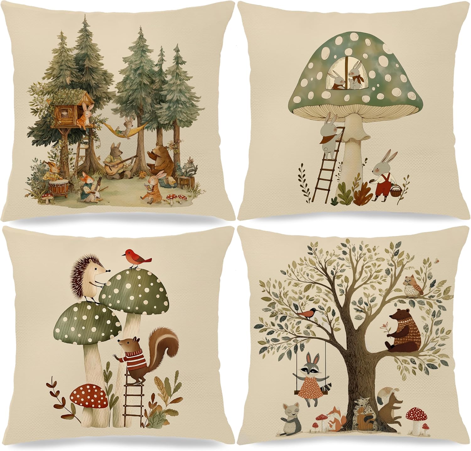 Whimsical Forest Animal Kids Pillow Cover 18x18 Double-Sided Set of 4, Boho Cottagecore Tree Mushroom Throw Pillow Cover Case for Nursery Kids Bedroom Playroom