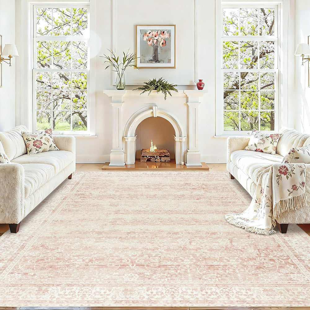 Pink Area Rug 8x10 Low Pile Washable Vintage Large Rugs for Living Room