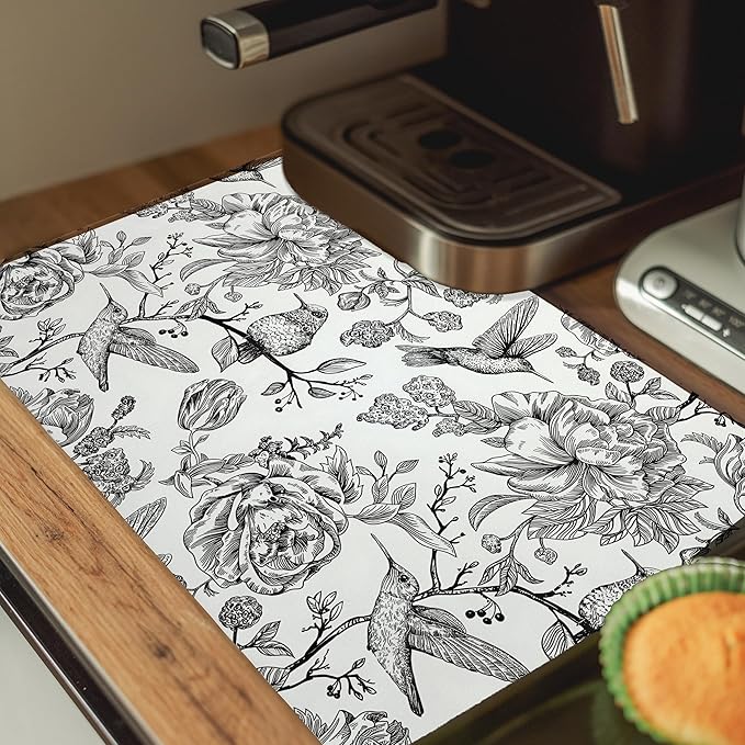 Black and White Floral Hummingbird Dish Drying Mat, Vintage Botanical Coffee - Image 5