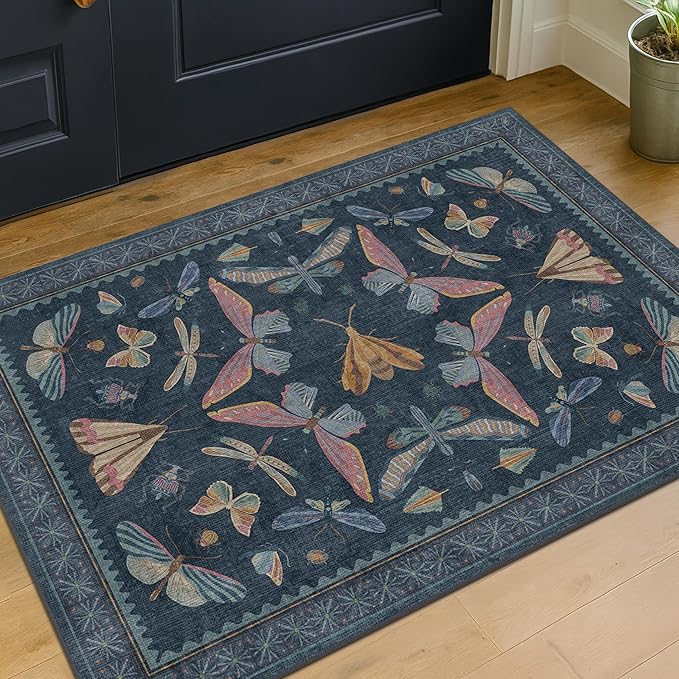 Dark Blue 2x3 Small Rugs for Bathroom Non Slip, Washable Vintage Boho Insect - Image 6