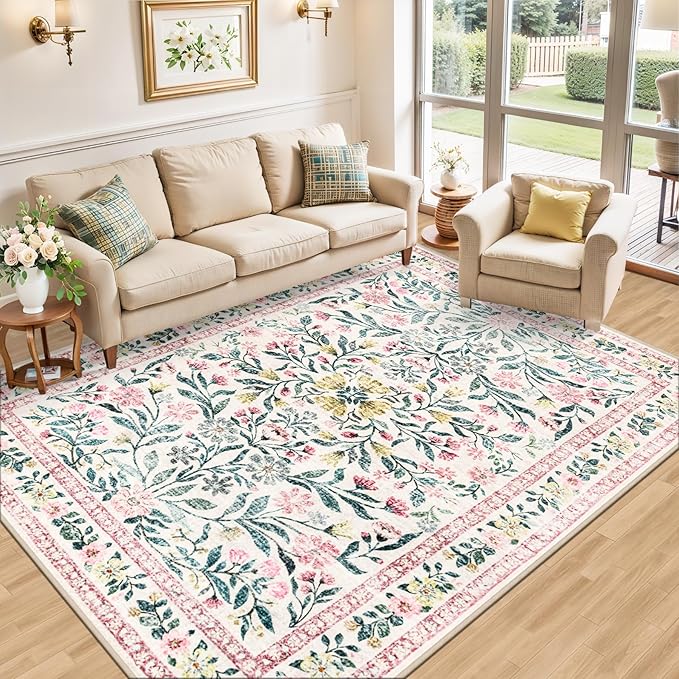 Area Rug Living Room Rugs: Floral 5x7 Washable Rug Vintage Soft Boho Non-Slip - Image 2