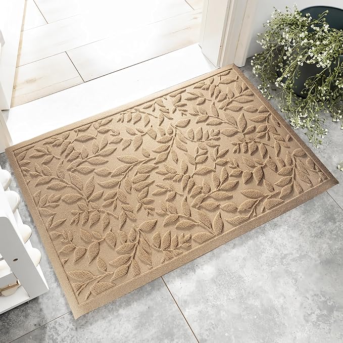 Beige Leaves Outdoor Indoor Entrance Doormats, Absorbent Durable Heavy Duty by VivaNest