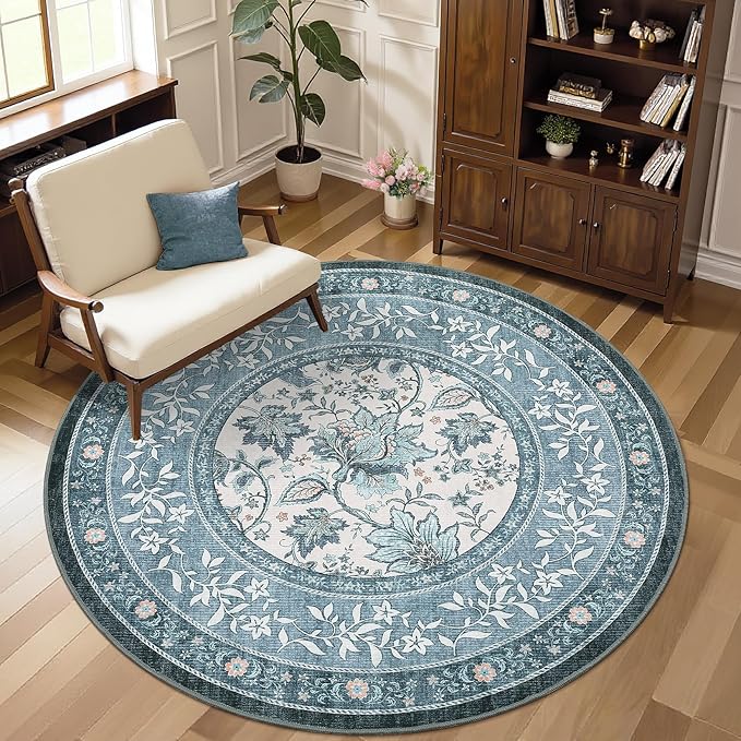 GarveeHome Misty Blue Botanical Grove 5ft Round Rug, Small Circle Vintage by GarveeHome