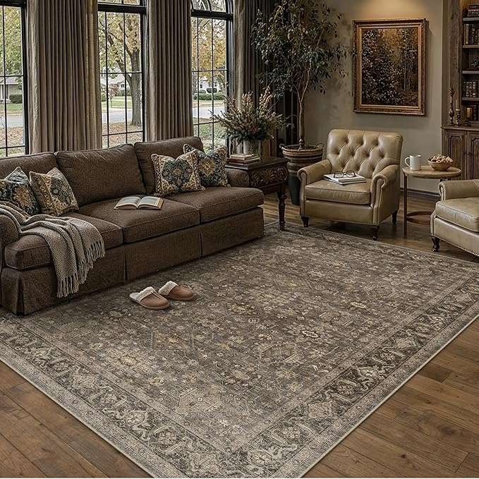 8x10 Washable Area Rug for Living Room Bedroom Vintage Brown Non Slip Carpet - Image 5