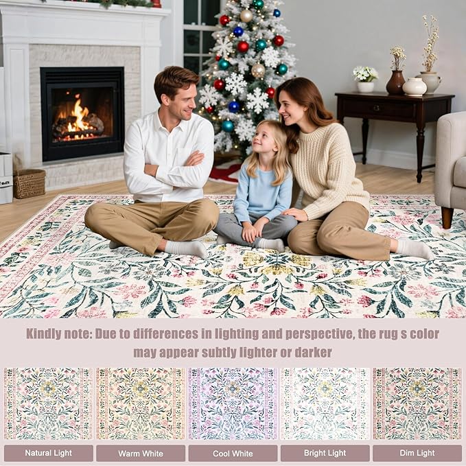 Round Area Rug for Living Room: 4 ft Floral Washable Circle Rug Soft Boho - Image 9