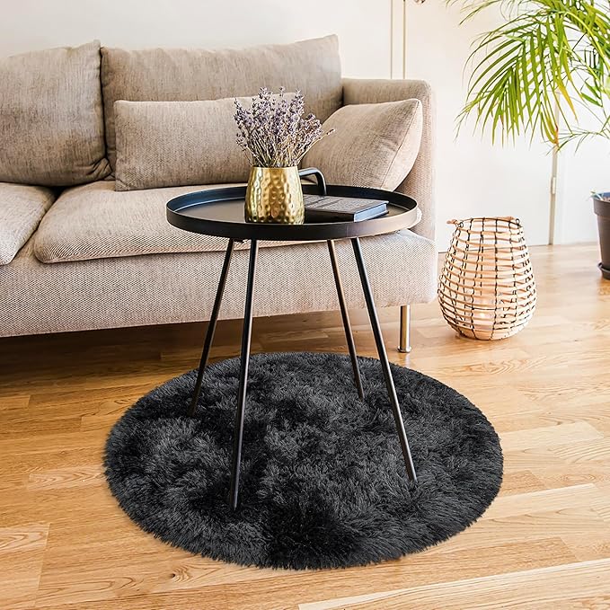 Tie Dye Black Round Rugs Small 3x3 ft Fluffy Circle Rug Furry Carpet Shaggy - Image 3