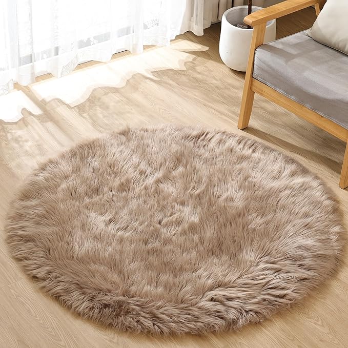 ORINOVA Beige Round Cozy 4ft Shag Rug Washable Furry Soft Area Rug by ORINOVA