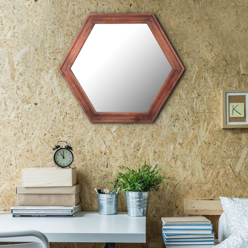Stonebriar Decorative 24" Hexagon Wall Mirror with Redwood Frame and Att...