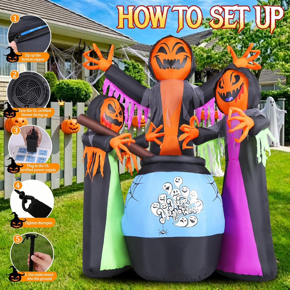 8FT Halloween Inflatables Three Witch Around Cauldron with Light Yard Decor