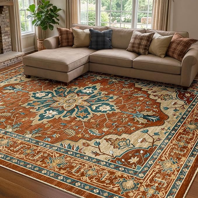 Area Rugs 8'x10' Washable Non-Slip, Floral Vintage Distress Print Pattern by RELEANY