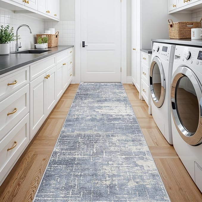 Washable Abstract 14ft Runner Rug: Non-Slip Low-Pile Rug Runner Soft Beside - Image 5